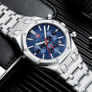 MINI FOCUS New Business Quartz Watch for Men Fashion Waterproof Chronograph Luminous Wristwatch with Stainless Steel Strap Date