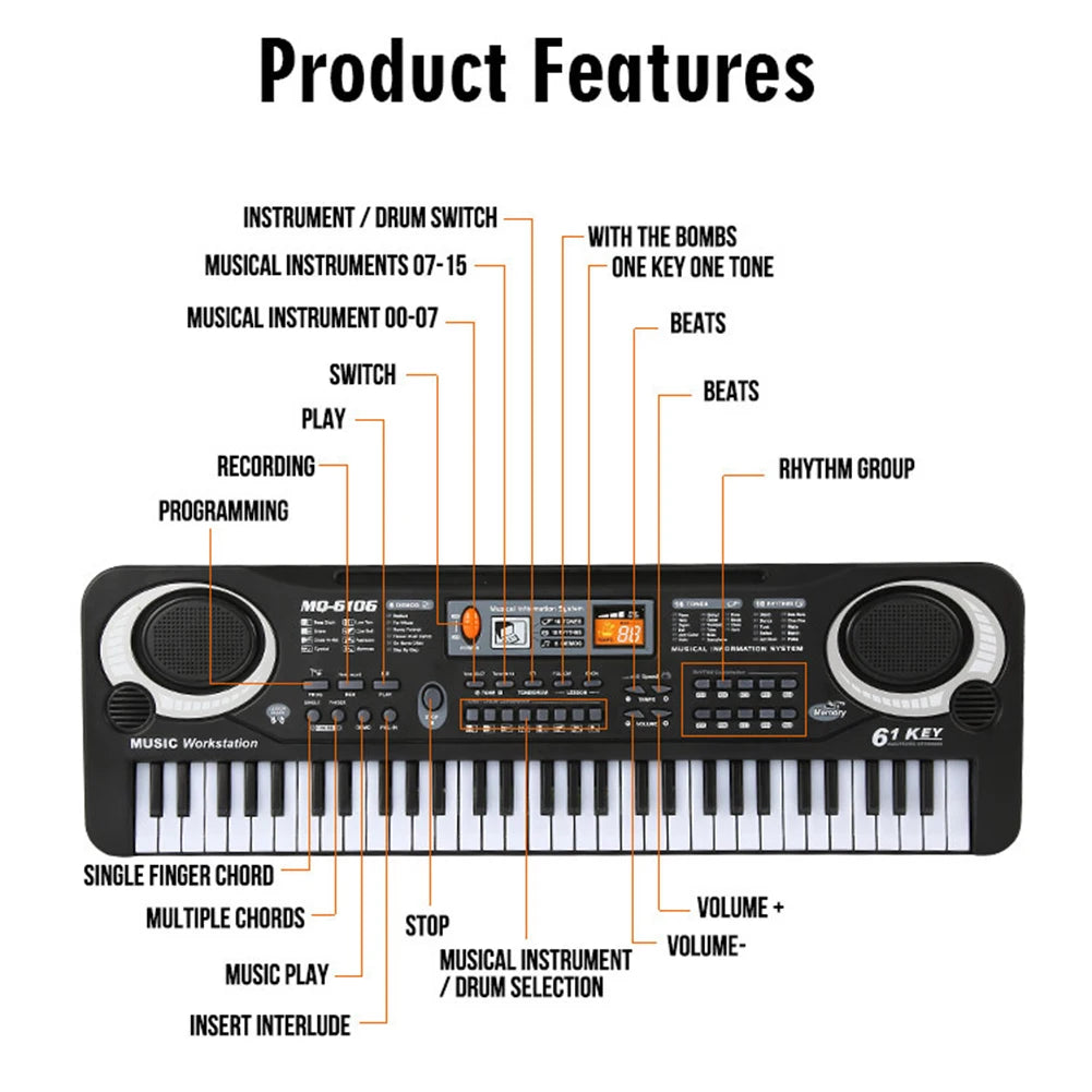Kids Electronic Piano Keyboard Portable 61 Keys Organ with Microphone Education Toys Musical Instrument