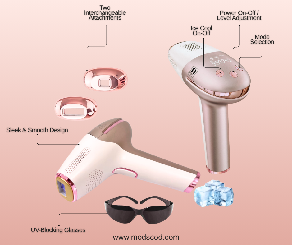 IPL Hair Removal, Ice Cool, Painless, 9 Energy Levels, 3 Modes