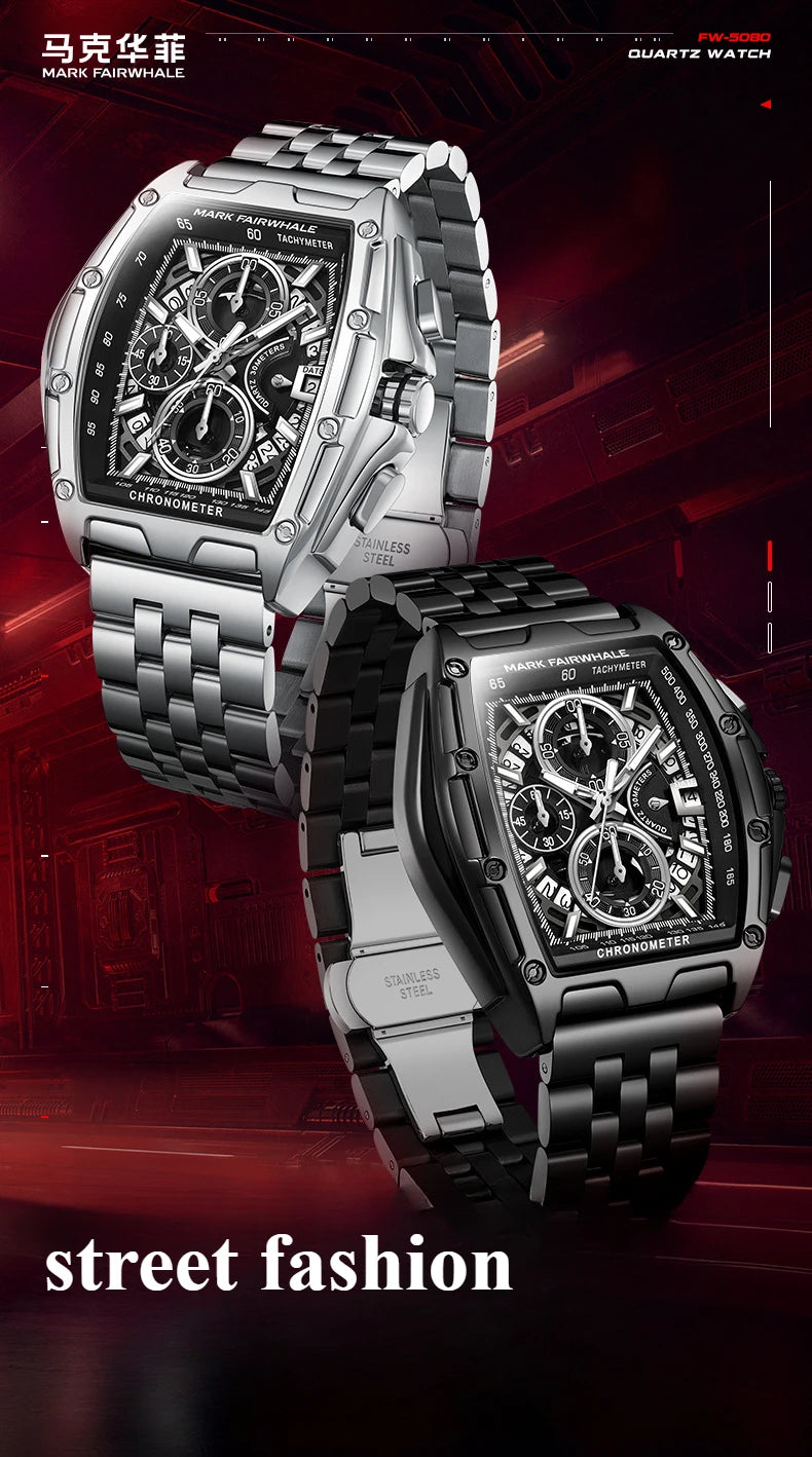 Mark Fairwhale 5080 Watches for Men Multifunctional Luminous Timing Hollow Waterproof Quartz Watches for Men Relogios Masculino