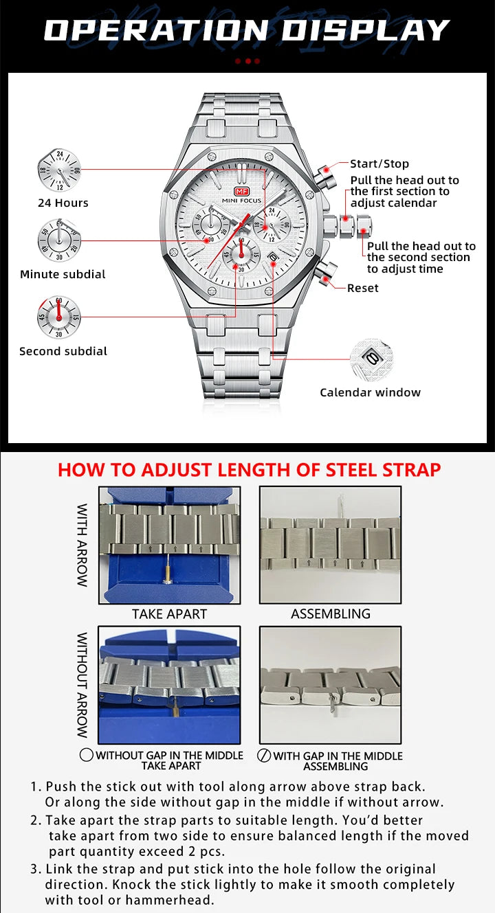 MINI FOCUS New Business Quartz Watch for Men Fashion Waterproof Chronograph Luminous Wristwatch with Stainless Steel Strap Date