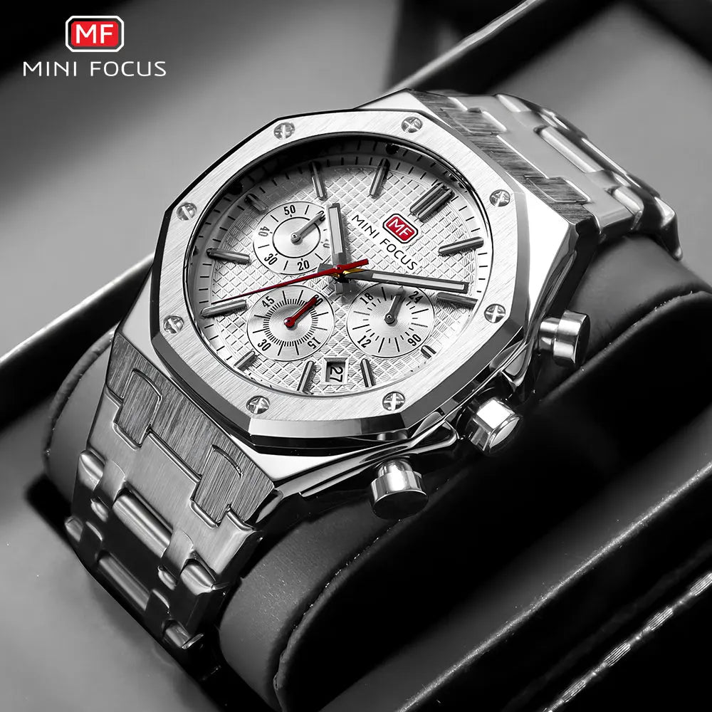 MINI FOCUS New Business Quartz Watch for Men Fashion Waterproof Chronograph Luminous Wristwatch with Stainless Steel Strap Date