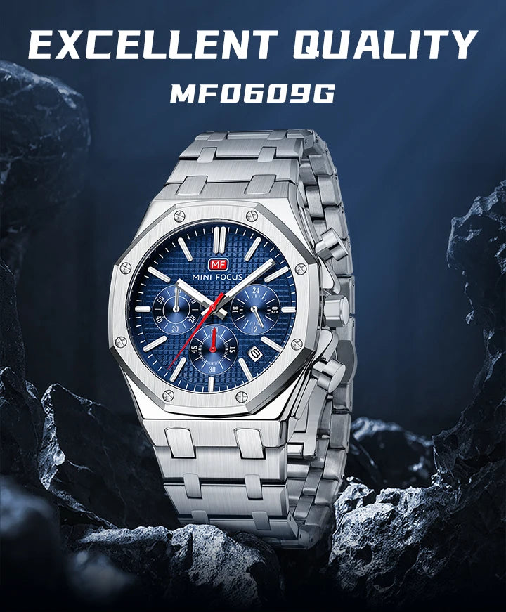 MINI FOCUS New Business Quartz Watch for Men Fashion Waterproof Chronograph Luminous Wristwatch with Stainless Steel Strap Date