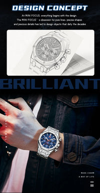 MINI FOCUS New Business Quartz Watch for Men Fashion Waterproof Chronograph Luminous Wristwatch with Stainless Steel Strap Date