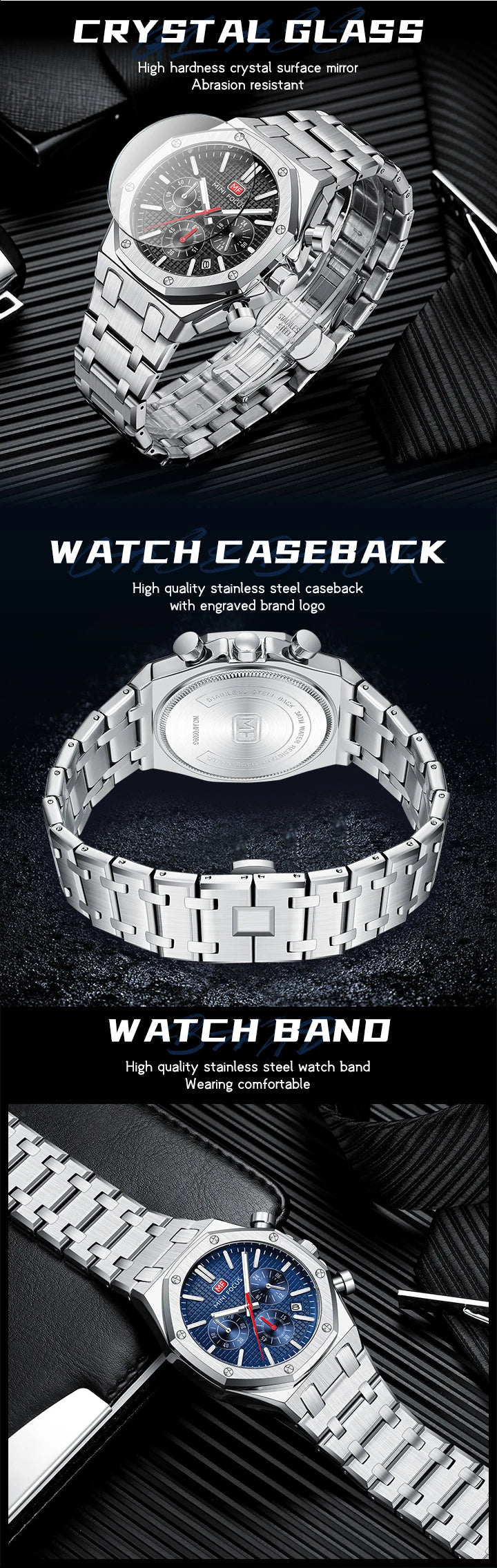 MINI FOCUS New Business Quartz Watch for Men Fashion Waterproof Chronograph Luminous Wristwatch with Stainless Steel Strap Date