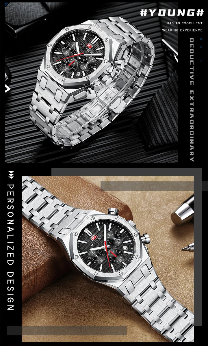 MINI FOCUS New Business Quartz Watch for Men Fashion Waterproof Chronograph Luminous Wristwatch with Stainless Steel Strap Date