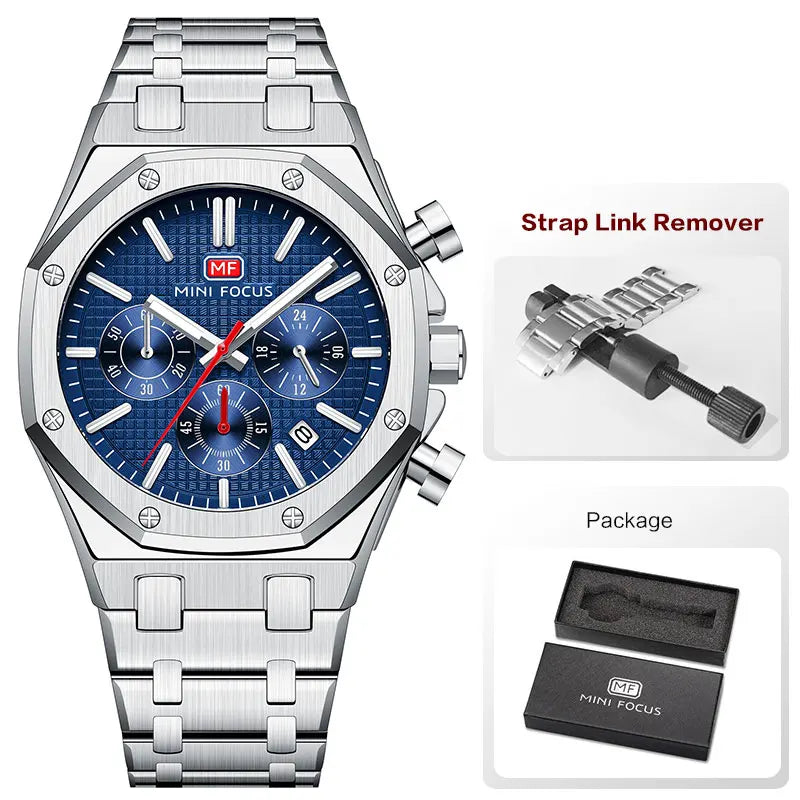 MINI FOCUS New Business Quartz Watch for Men Fashion Waterproof Chronograph Luminous Wristwatch with Stainless Steel Strap Date