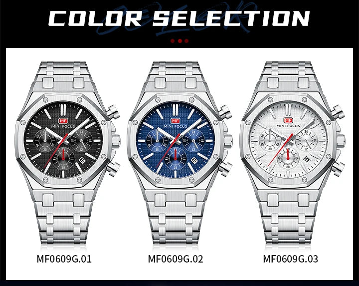 MINI FOCUS New Business Quartz Watch for Men Fashion Waterproof Chronograph Luminous Wristwatch with Stainless Steel Strap Date