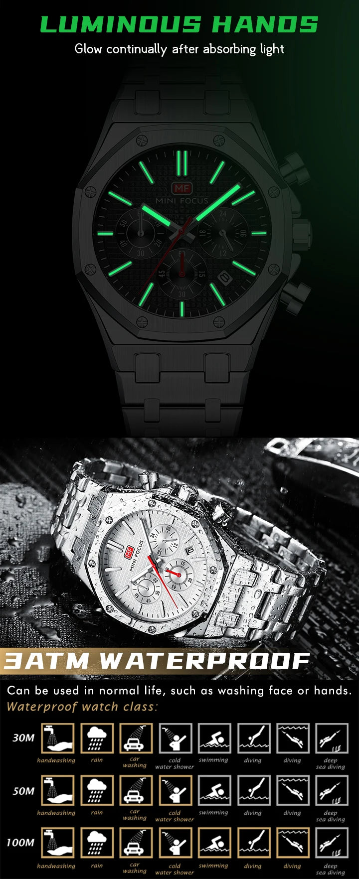 MINI FOCUS New Business Quartz Watch for Men Fashion Waterproof Chronograph Luminous Wristwatch with Stainless Steel Strap Date