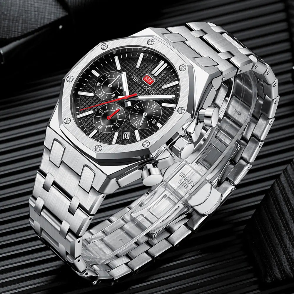 MINI FOCUS New Business Quartz Watch for Men Fashion Waterproof Chronograph Luminous Wristwatch with Stainless Steel Strap Date