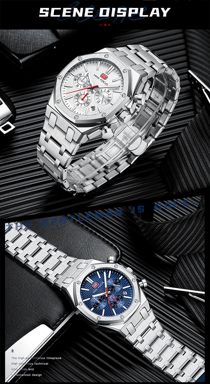 MINI FOCUS New Business Quartz Watch for Men Fashion Waterproof Chronograph Luminous Wristwatch with Stainless Steel Strap Date