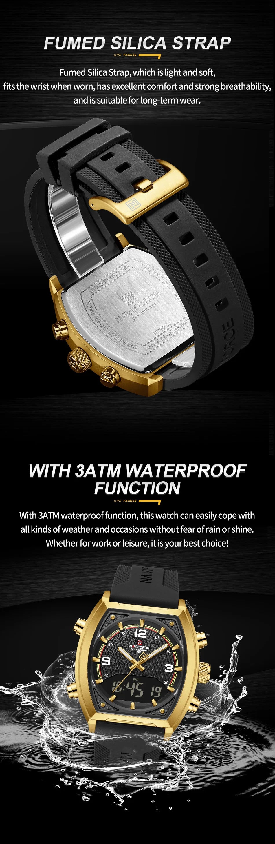 NAVIFORCE Men Sport Watches Dual Time Analog Digital Watch Quartz 30m Waterproof Watch Military Clock Sport 2025 Men Wristwatch