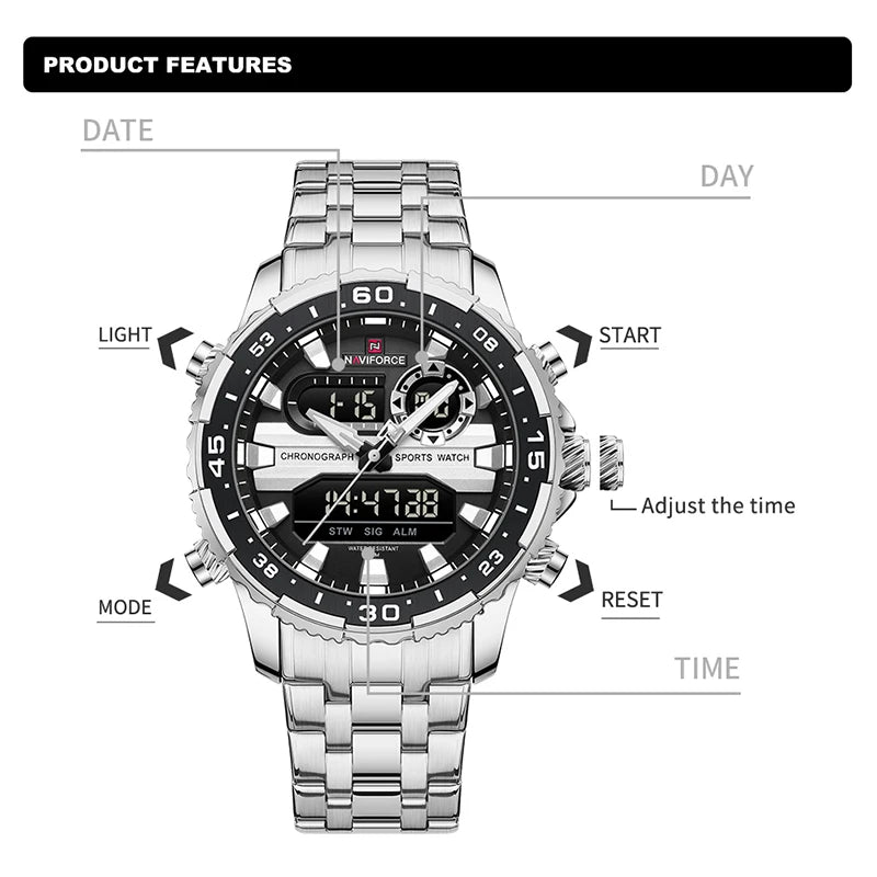Men's Watches NAVIFORCE Original Trend Brand LCD Display Analog Digital Quartz Man Clock 30m Waterproof Luminous Male Wristwatch