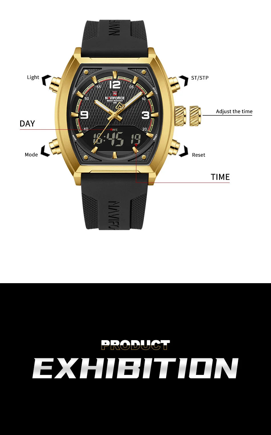 NAVIFORCE Men Sport Watches Dual Time Analog Digital Watch Quartz 30m Waterproof Watch Military Clock Sport 2025 Men Wristwatch