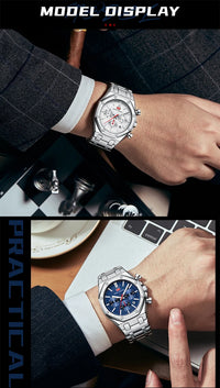 MINI FOCUS New Business Quartz Watch for Men Fashion Waterproof Chronograph Luminous Wristwatch with Stainless Steel Strap Date