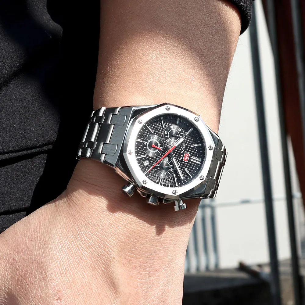 MINI FOCUS New Business Quartz Watch for Men Fashion Waterproof Chronograph Luminous Wristwatch with Stainless Steel Strap Date