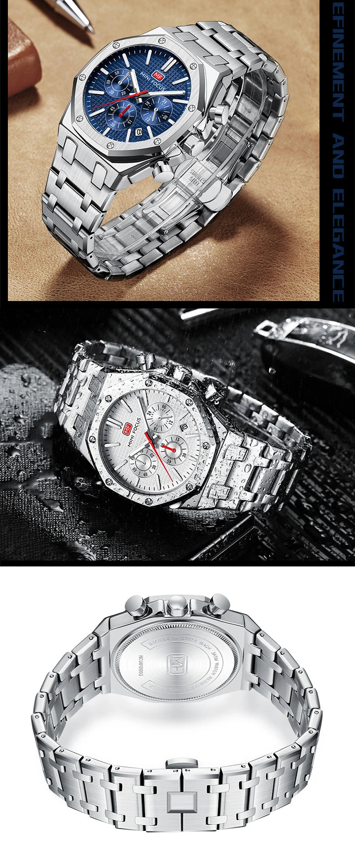 MINI FOCUS New Business Quartz Watch for Men Fashion Waterproof Chronograph Luminous Wristwatch with Stainless Steel Strap Date