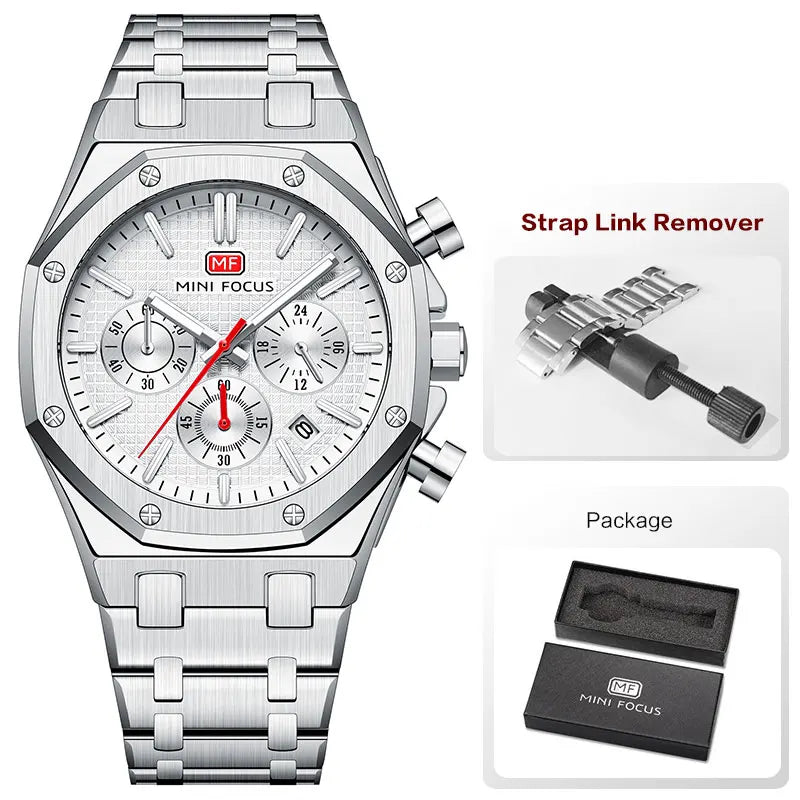 MINI FOCUS New Business Quartz Watch for Men Fashion Waterproof Chronograph Luminous Wristwatch with Stainless Steel Strap Date