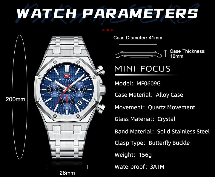 MINI FOCUS New Business Quartz Watch for Men Fashion Waterproof Chronograph Luminous Wristwatch with Stainless Steel Strap Date