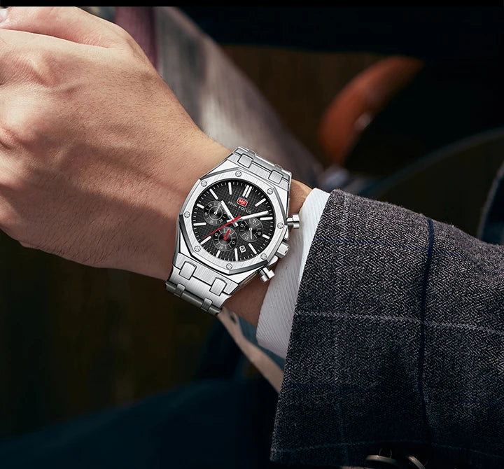 MINI FOCUS New Business Quartz Watch for Men Fashion Waterproof Chronograph Luminous Wristwatch with Stainless Steel Strap Date